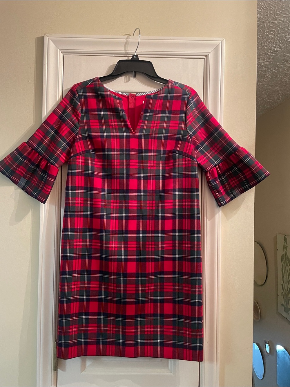 Vineyard Vines Red and Navy Plaid Midi Dress with Ruffle Sleeves